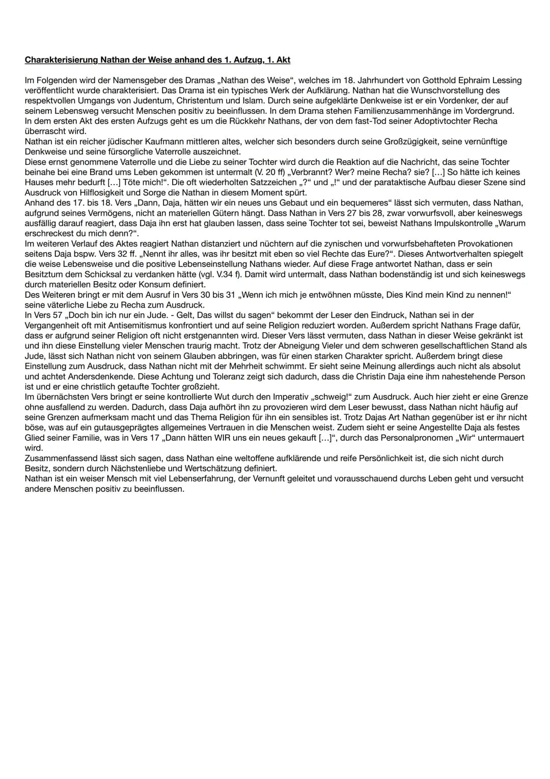 Charakterisierung Nathan der Weise anhand des 1. Aufzug, 1. Akt
Im Folgenden wird der Namensgeber des Dramas ,,Nathan des Weise", welches im