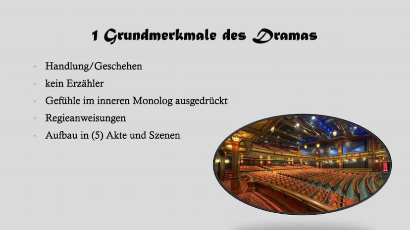 Dramentheorie Gliederung
1. Grundmerkmale des Dramas
2. Komödie
3. Tragödie
4. Theater-Wörterbuch
5. Die Geburt des Dramas - Das antike Thea