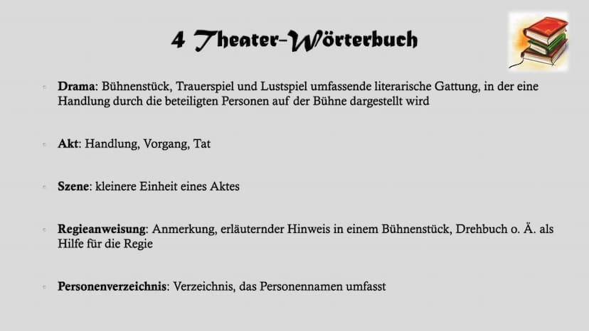 Dramentheorie Gliederung
1. Grundmerkmale des Dramas
2. Komödie
3. Tragödie
4. Theater-Wörterbuch
5. Die Geburt des Dramas - Das antike Thea