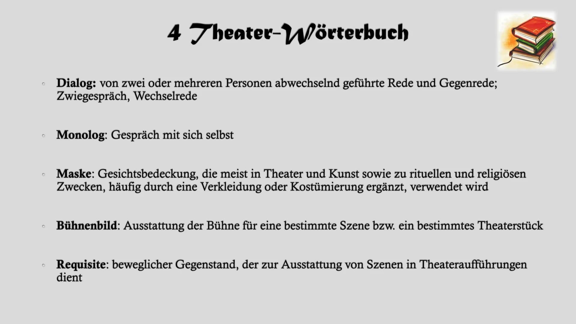 Dramentheorie Gliederung
1. Grundmerkmale des Dramas
2. Komödie
3. Tragödie
4. Theater-Wörterbuch
5. Die Geburt des Dramas - Das antike Thea