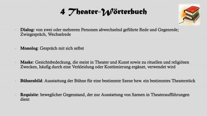 Dramentheorie Gliederung
1. Grundmerkmale des Dramas
2. Komödie
3. Tragödie
4. Theater-Wörterbuch
5. Die Geburt des Dramas - Das antike Thea