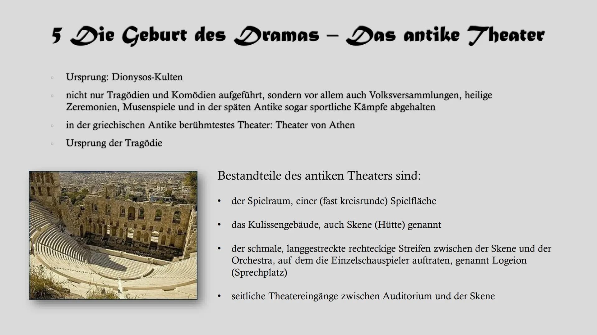 Dramentheorie Gliederung
1. Grundmerkmale des Dramas
2. Komödie
3. Tragödie
4. Theater-Wörterbuch
5. Die Geburt des Dramas - Das antike Thea