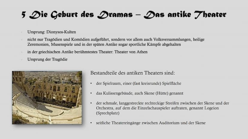 Dramentheorie Gliederung
1. Grundmerkmale des Dramas
2. Komödie
3. Tragödie
4. Theater-Wörterbuch
5. Die Geburt des Dramas - Das antike Thea