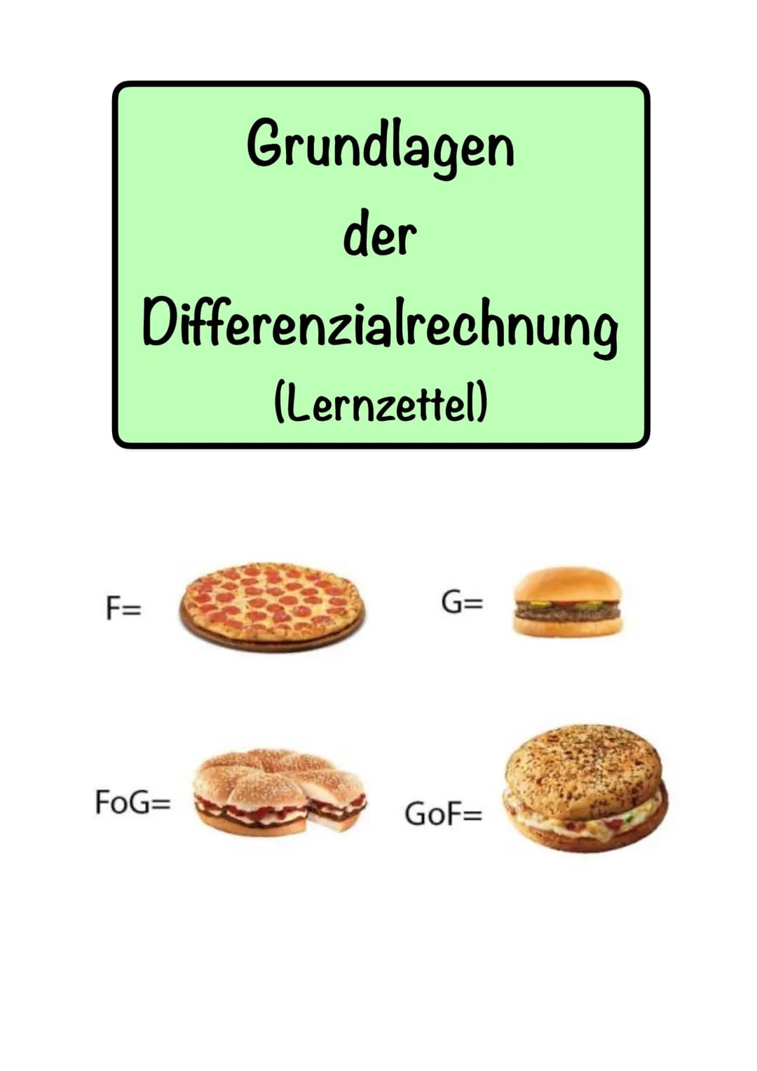 Differenzialrechnung
(Lernzettel)
F=
Grundlagen
der
FoG=
G=
GoF= 1. Basiswissen
1.1. Schaubilder bekannter Funktionen
y=x
y=x4
y=√x
1.2. Wur