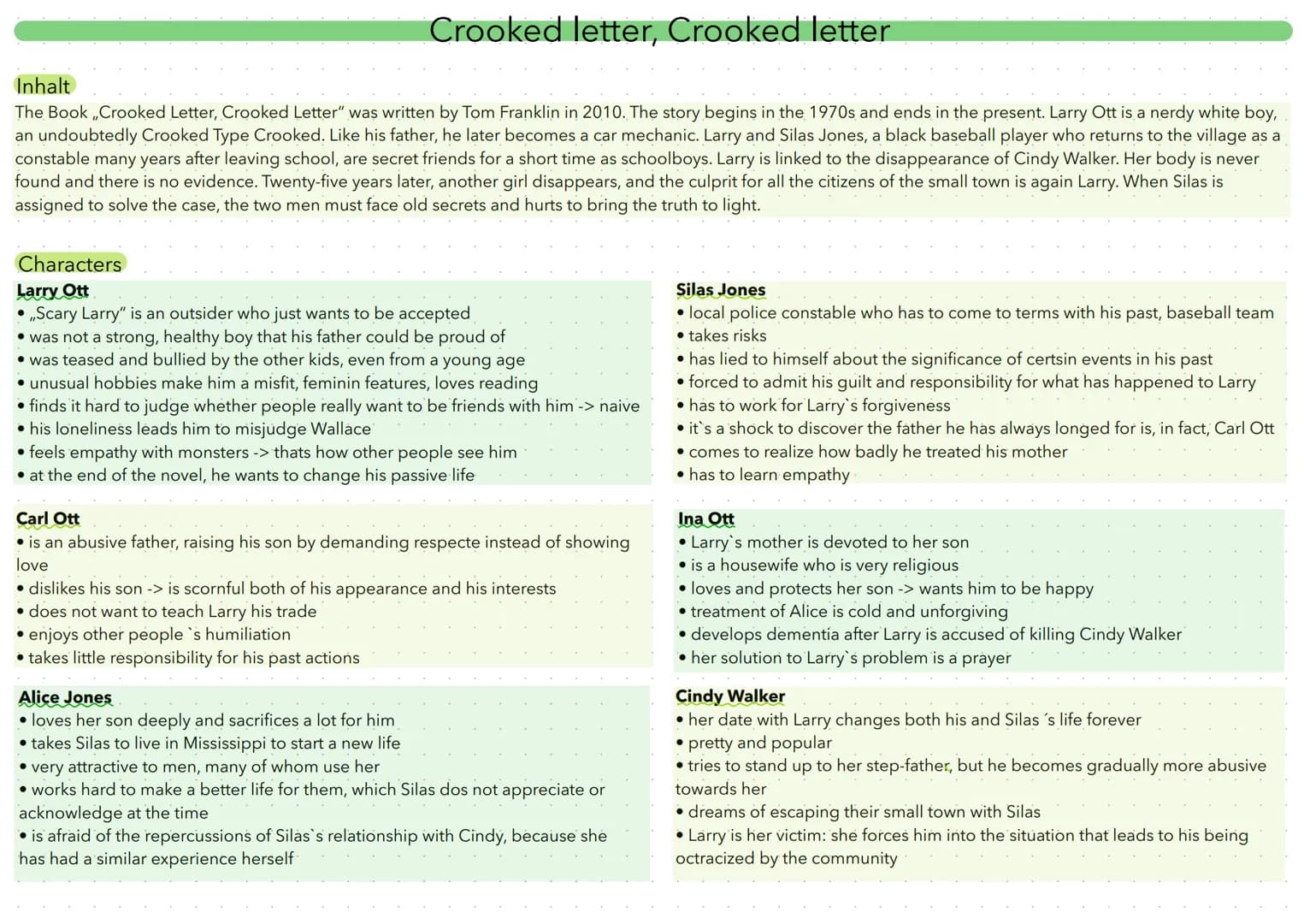 Crooked letter, Crooked letter
Inhalt
The Book ,,Crooked Letter, Crooked Letter" was written by Tom Franklin in 2010. The story begins in th