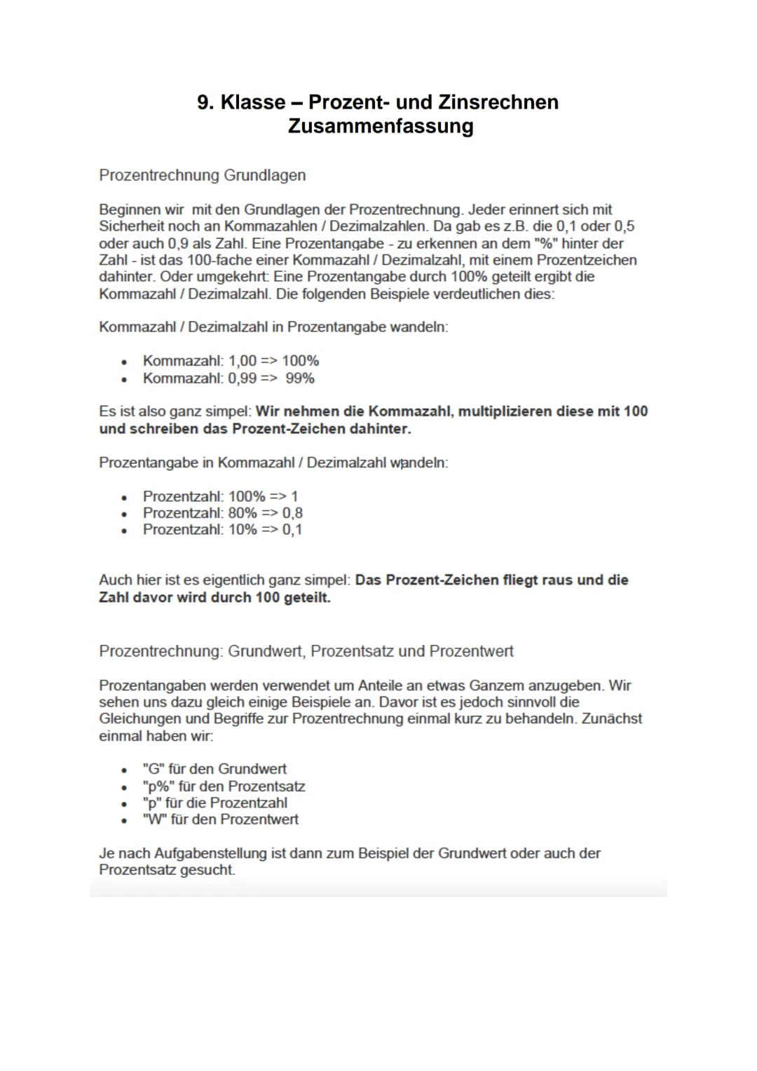 9. Klasse Prozent- und Zinsrechnen
Zusammenfassung
Prozentrechnung Grundlagen
Beginnen wir mit den Grundlagen der Prozentrechnung. Jeder eri
