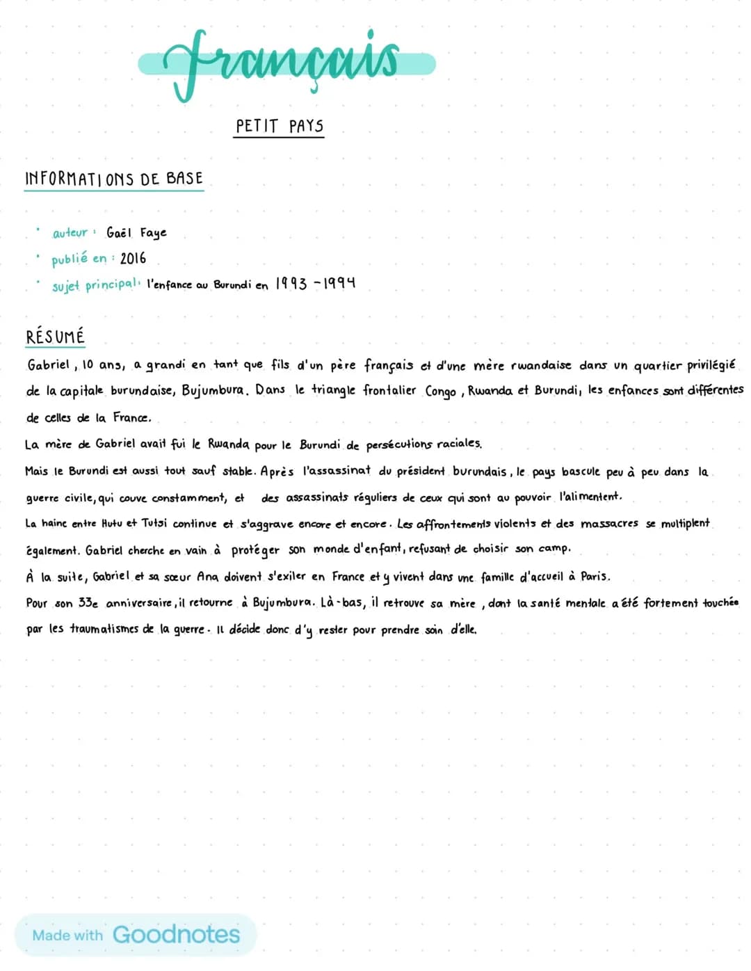 français
INFORMATIONS DE BASE
PETIT PAYS
auteur Gael Faye
publié en 2016
sujet principal: l'enfance au Burundi en 1993-1994
RÉSUMÉ
Gabriel, 