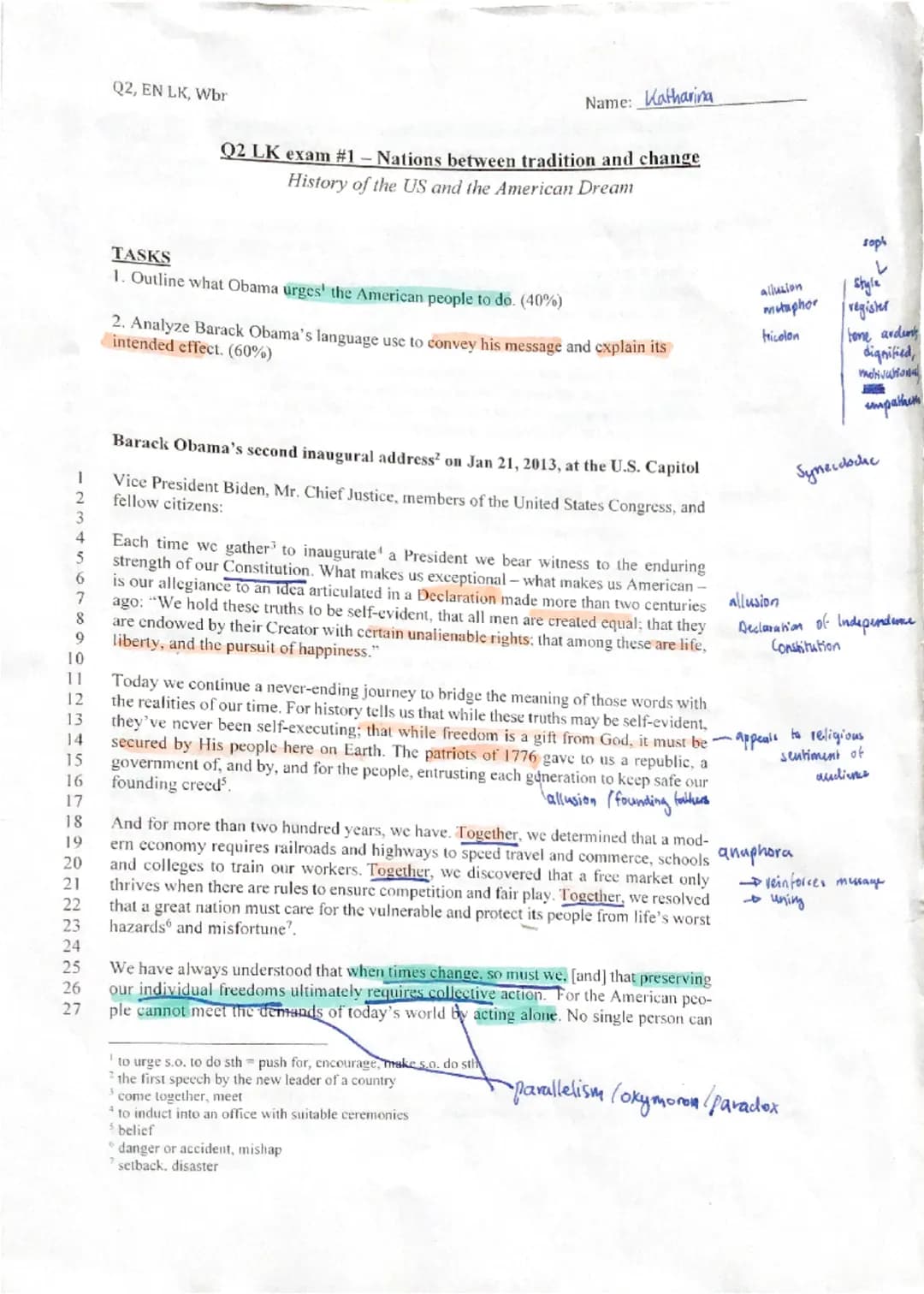 Q2, EN LK, Wbr
Name: Katharina
Q2 LK exam #1 - Nations between tradition and change
History of the US and the American Dream
TASKS
1. Outlin