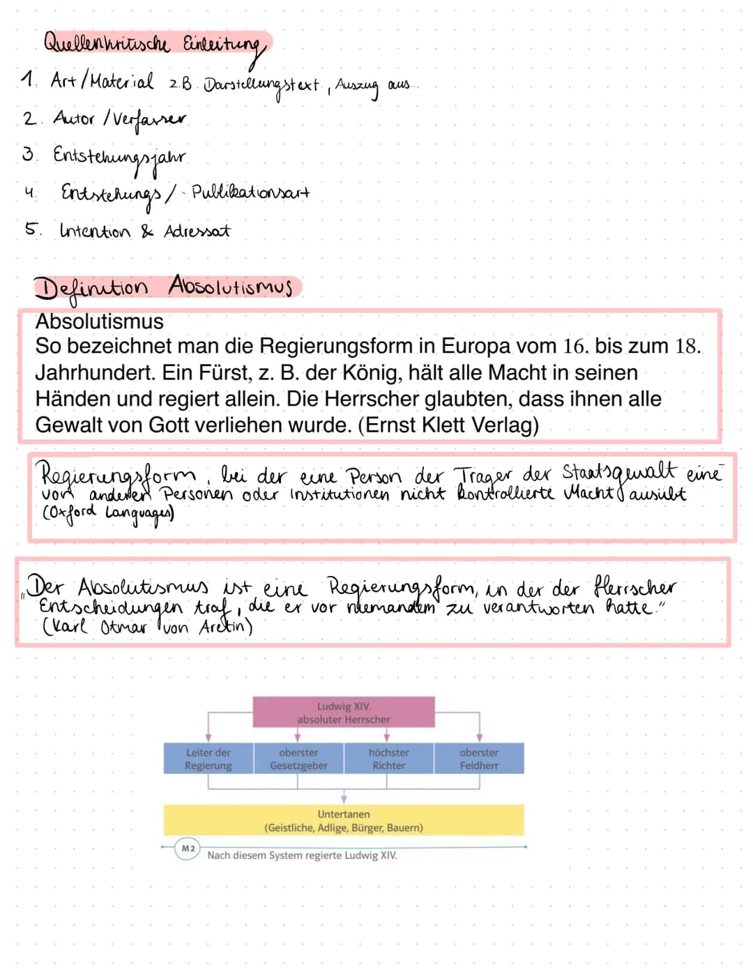 
<p>Die vorliegende Quellenkritik befasst sich mit einem Auszug aus einem Darstellungstext über den Absolutismus. Der Autor und die Entstehu