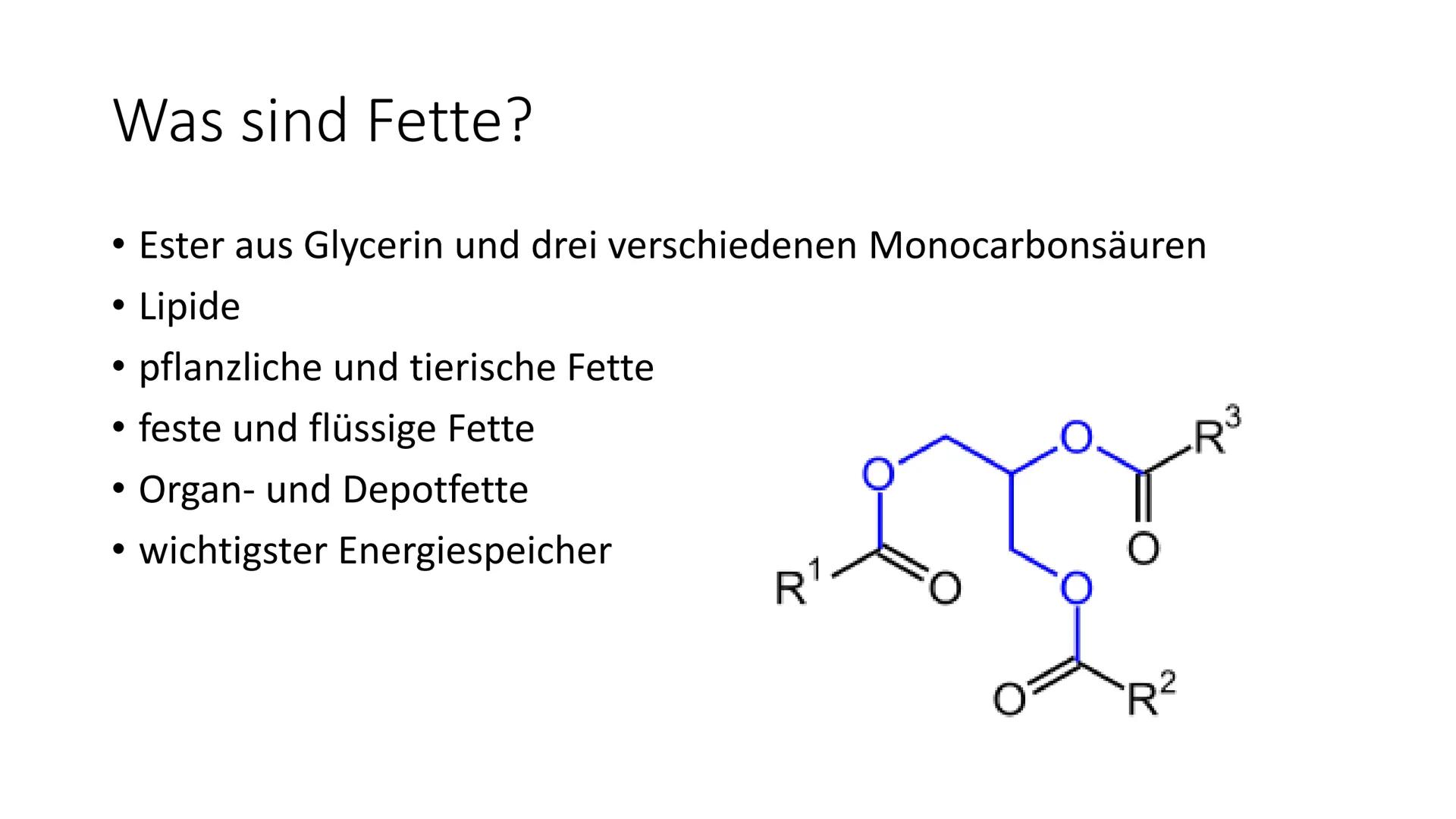 Handout: Fette
1. Was sind Fette?
- Ester aus Glycerin und drei verschiedenen Monocarbonsäuren (Fettsäuren)
- Einteilung in: pflanzliche und