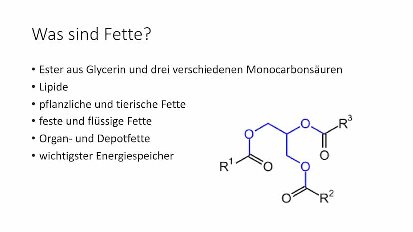 Handout: Fette
1. Was sind Fette?
- Ester aus Glycerin und drei verschiedenen Monocarbonsäuren (Fettsäuren)
- Einteilung in: pflanzliche und
