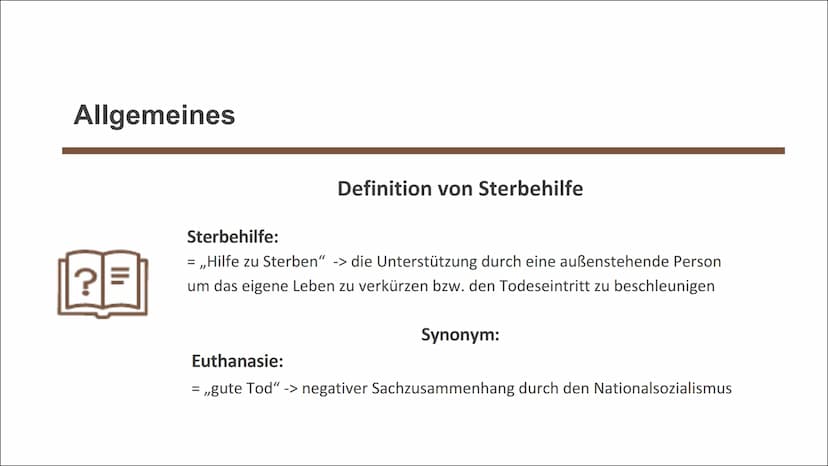Die Sterbehilfe
in Deutschland: Eine rechtliche
und ethisch herausfordernde
Diskussion 1.
2.
3.
Allgemeines
1.1 Definition
1.2 Formen der St