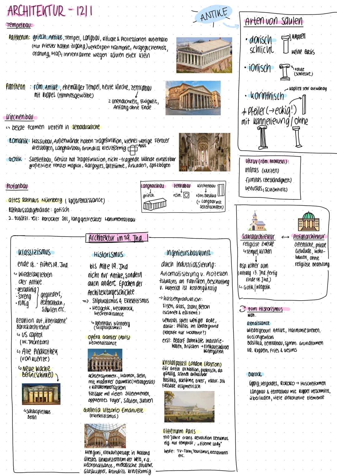 ARCHITEKTUR - 121||
Tempelbau
Parthenon: griech. Antike, Tempel, Langbau, Rituale & Prozessionen außerhalb
(nur Priester hatten Zugang) verk