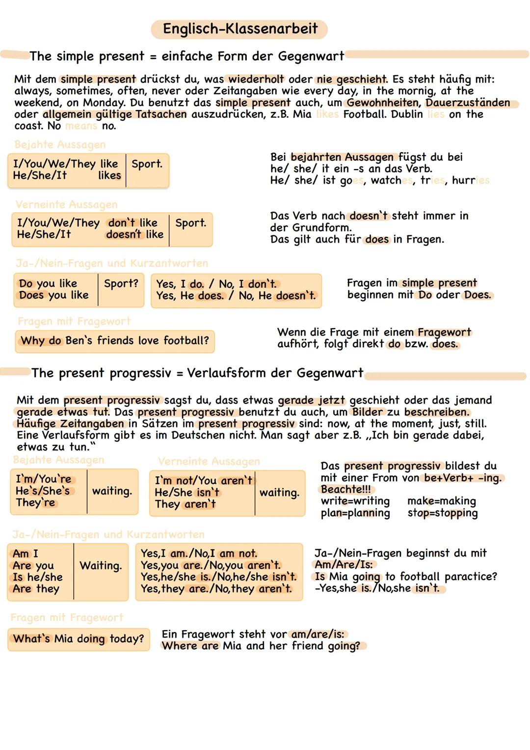 Englisch-Klassenarbeit
The simple present
einfache Form der Gegenwart
Mit dem simple present drückst du, was wiederholt oder nie geschieht. 