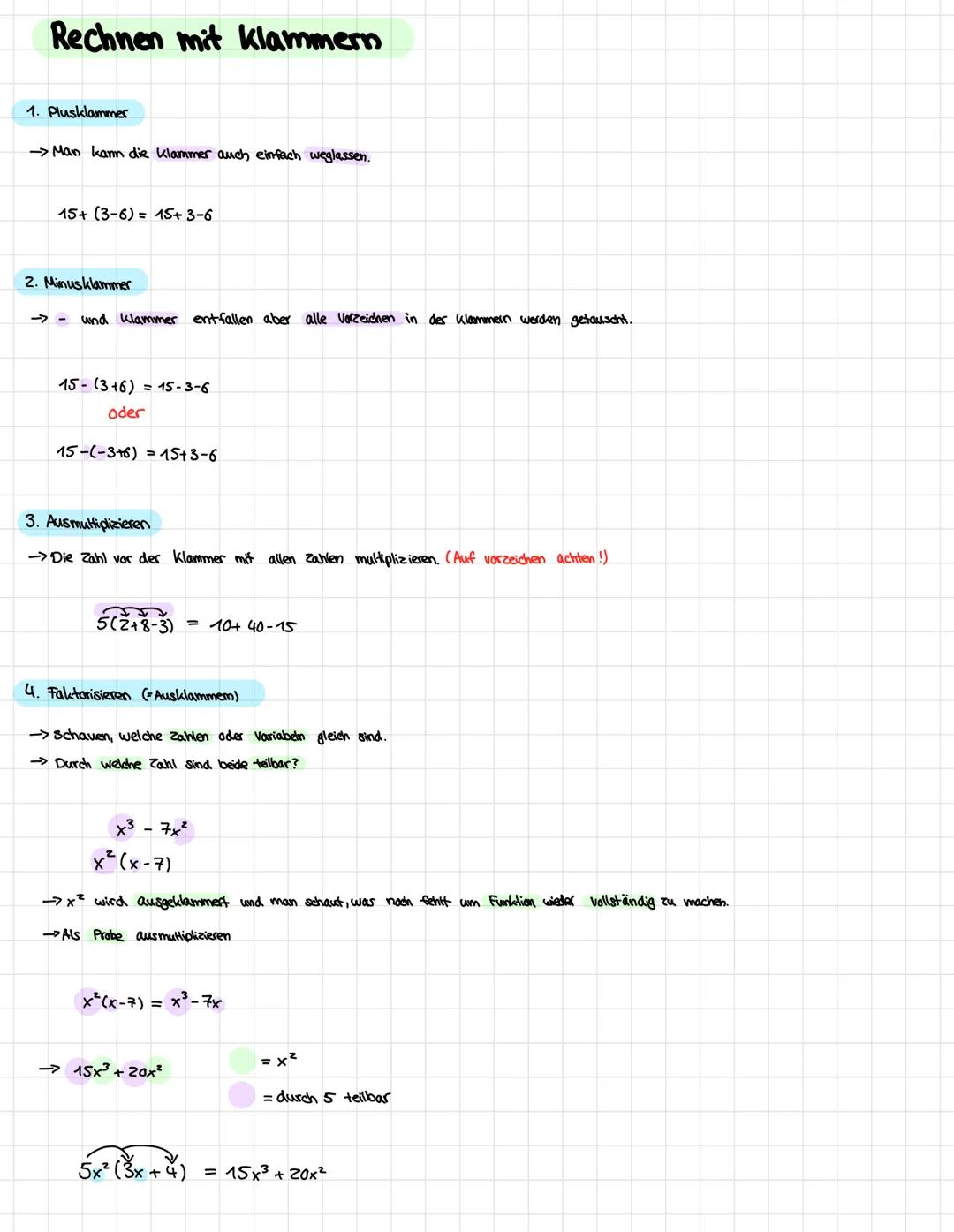Rechnen mit klammern
1. Plusklammer
-> Man kann die klammer auch einfach weglassen.
15+ (3-6)= 15+ 3-6
2. Minusklammer
--
und Klammer entfal