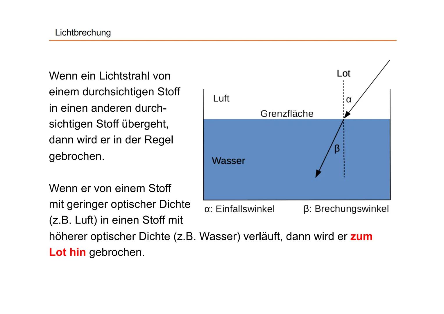 # Licht-
brechung # Lichtbrechung

Wenn ein Lichtstrahl von
einem durchsichtigen Stoff
in einen anderen durch-
sichtigen Stoff übergeht,
dan