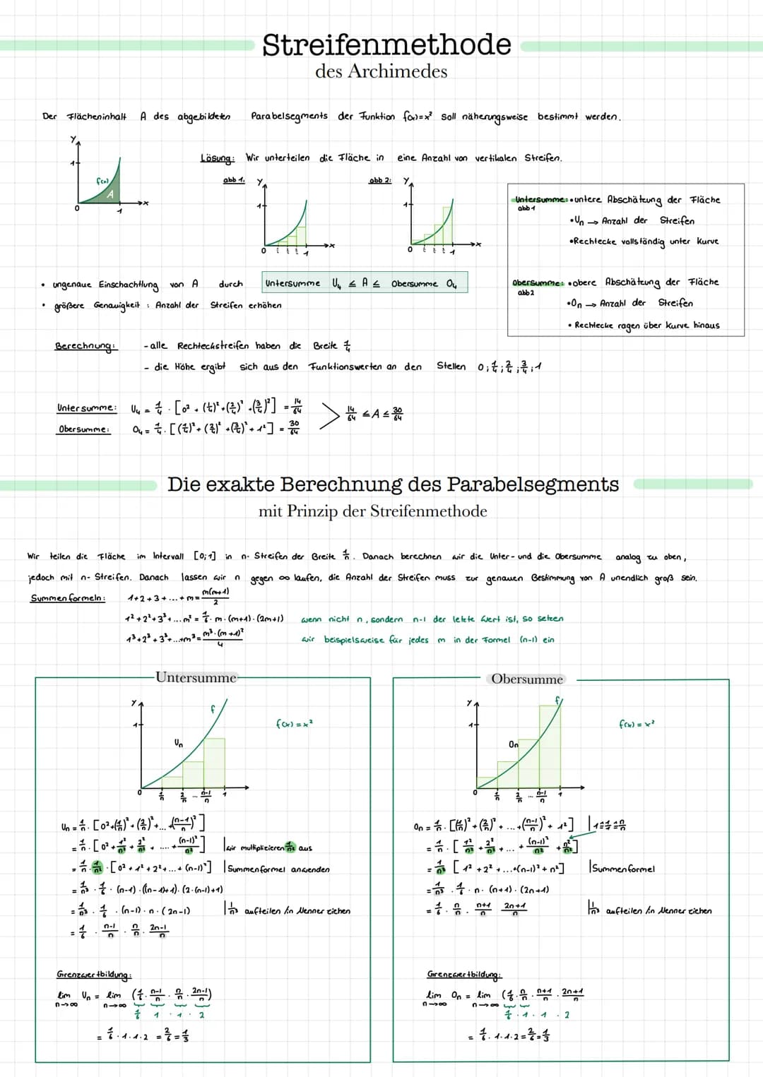 Der
Flächeninhalt A des abgebildeten
Y
0
fen)
A
Berechnung:
Unter summe: U₁=
O=
Obersumme:
• ungenaue Einschachtlung von A
durch
• größere G