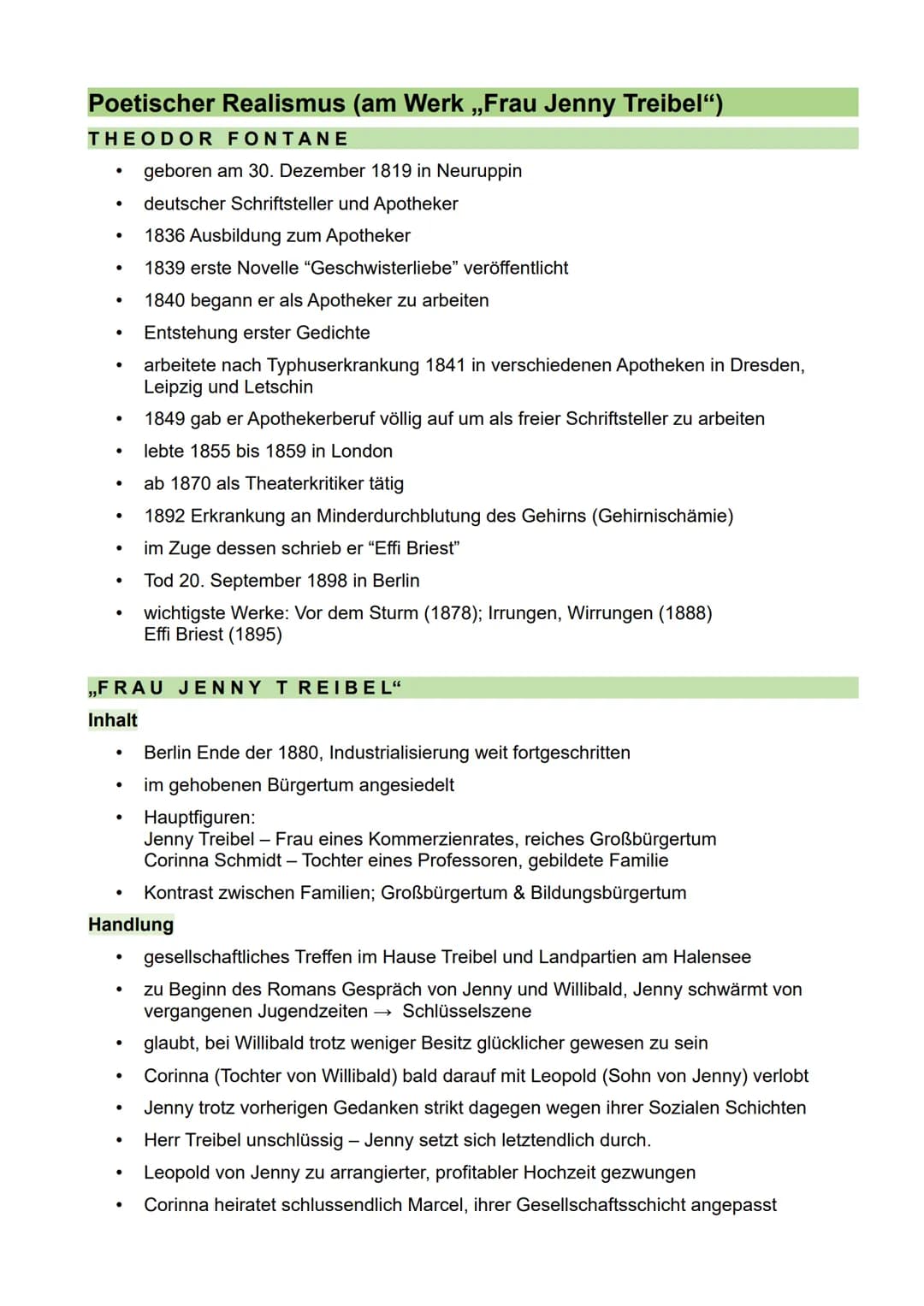 Poetischer Realismus (am Werk ,,Frau Jenny Treibel")
THEODOR FONTANE
●
●
●
●
●
●
●
●
●
●
●
,,FRAU JENNY TREIBEL"
Inhalt
●
●
●
●
●
geboren am