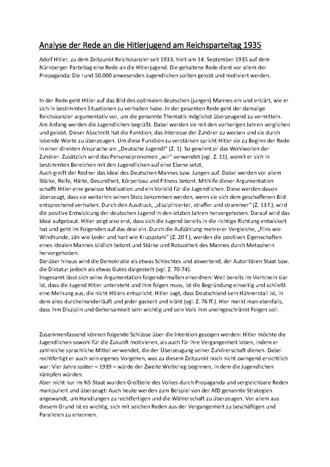 Analyse der Rede an die Hitlerjugend am Reichsparteitag 1935