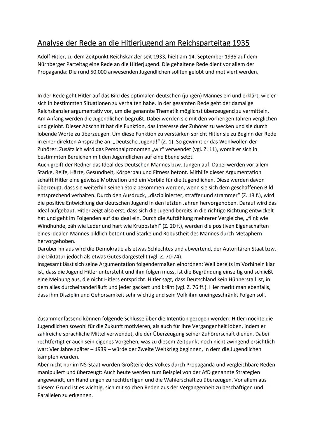Analyse der Rede an die Hitlerjugend am Reichsparteitag 1935
Adolf Hitler, zu dem Zeitpunkt Reichskanzler seit 1933, hielt am 14. September 