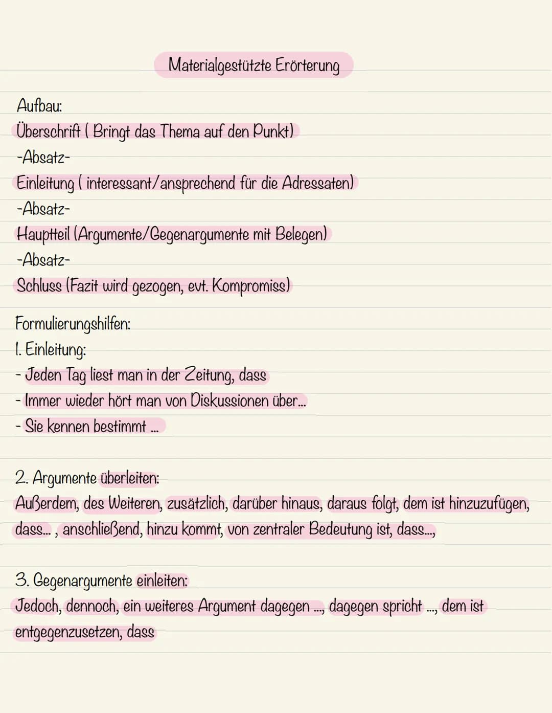 4. Schluss:
- Als Kompromiss schlage ich vor, dass ...
- Nach einer ausführlichen Abwägung der Vor- und Nachteile komme ich zu dem
Schluss, 