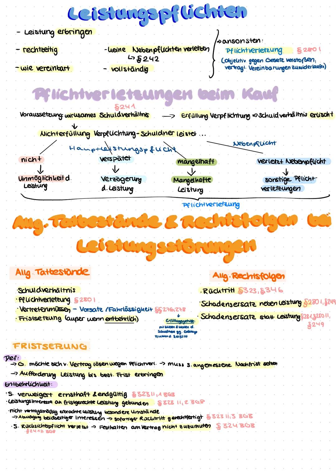 Leistungspflichten
Leistung erbringen
- rechtzeitig
-wie vereinbart,
-heine Nebenpflichten verletzen
§242
nicht
↓
Unmöglichkeit d.
Leistung
