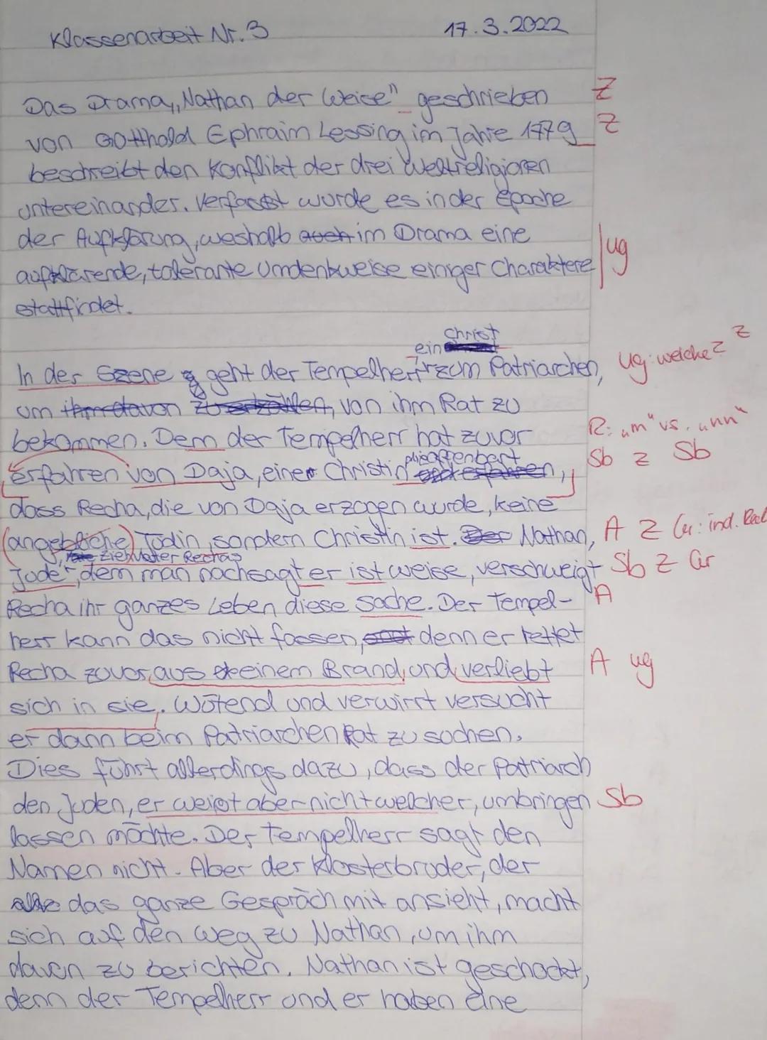 Deutsch, 10a
Klassenarbeit Nr. 3
17.03.2022

Lessing „Nathan der Weise“ -
Dialoganalyse

Bearbeitungszeit: 07:40-09:15 Uhr / Erlaubte Hilfsm