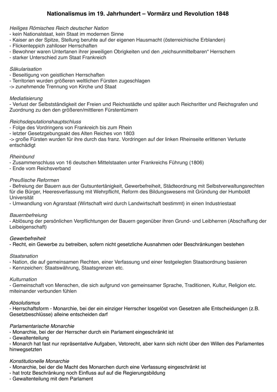 Nationalismus im 19. Jahrhundert - Vormärz und Revolution 1848
Heiliges Römisches Reich deutscher Nation
- kein Nationalstaat, kein Staat im