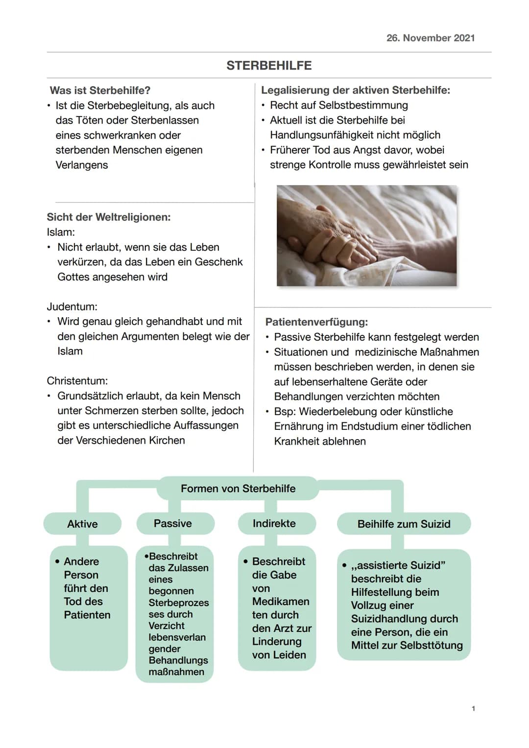 Was ist Sterbehilfe?
• Ist die Sterbebegleitung, als auch
das Töten oder Sterbenlassen
eines schwerkranken oder
sterbenden Menschen eigenen
