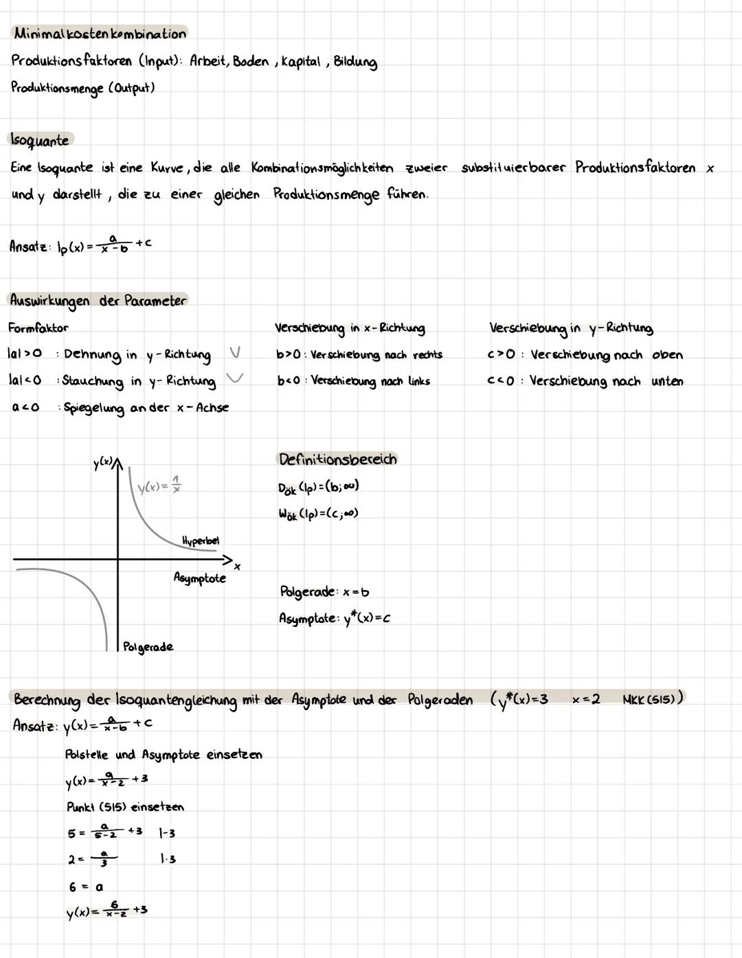 Minimal kosten kombination
Produktionsfaktoren (Input): Arbeit, Boden, kapital, Bildung
Produktionsmenge (Output)
Isoquante
Eine Isoquante i
