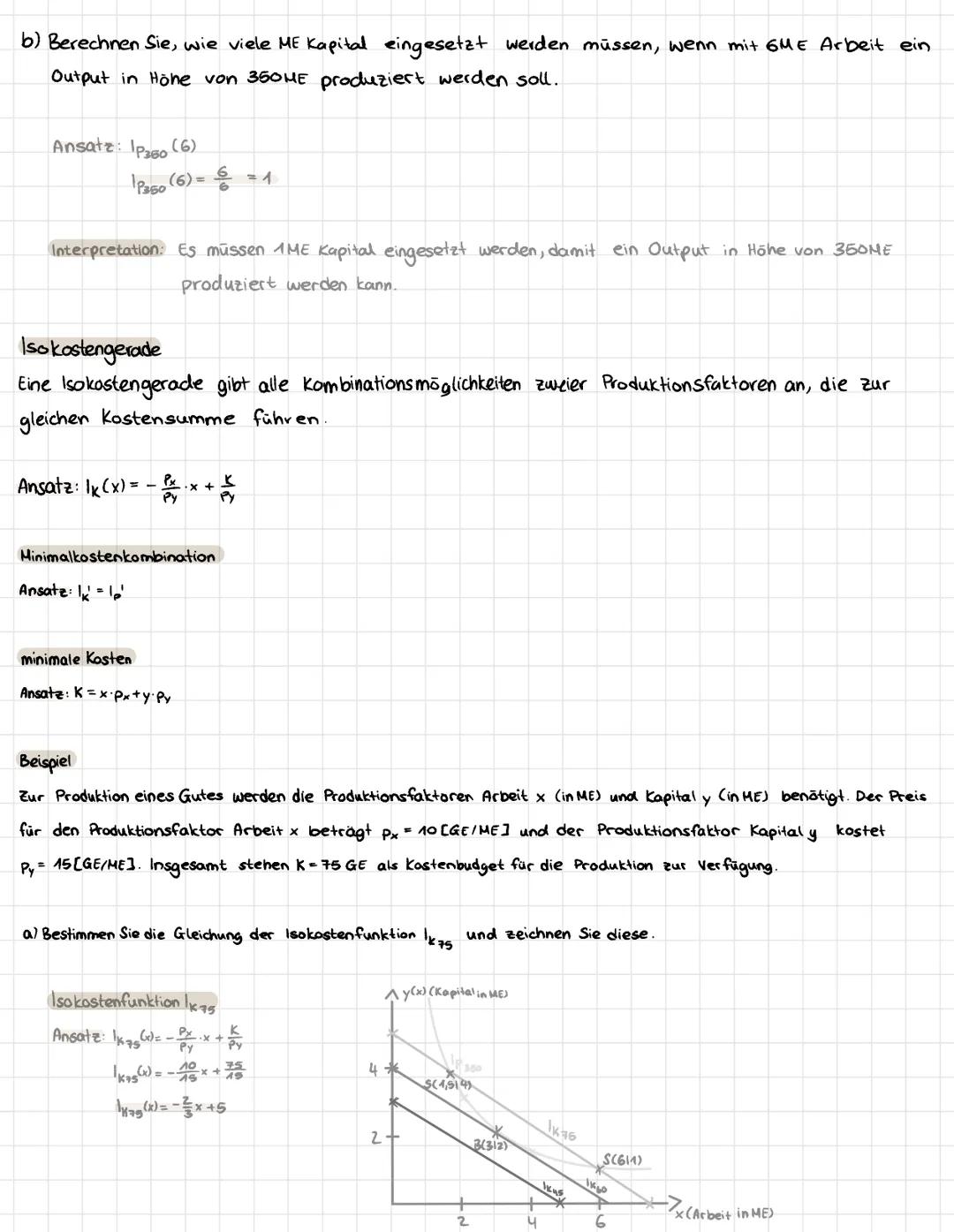 Minimal kosten kombination
Produktionsfaktoren (Input): Arbeit, Boden, kapital, Bildung
Produktionsmenge (Output)
Isoquante
Eine Isoquante i