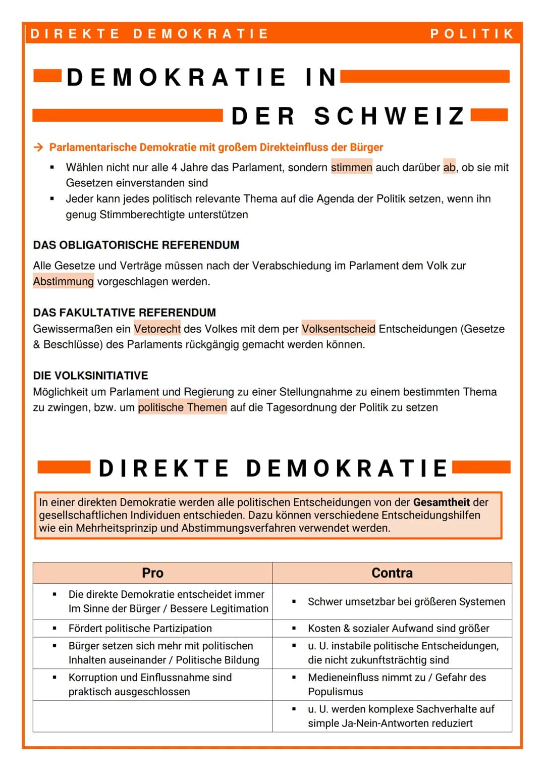 DIREKTE DEMOKRATIE
DEMOKRATIE IN
DER SCHWEIZ
→ Parlamentarische Demokratie mit großem Direkteinfluss der Bürger
Wählen nicht nur alle 4 Jahr