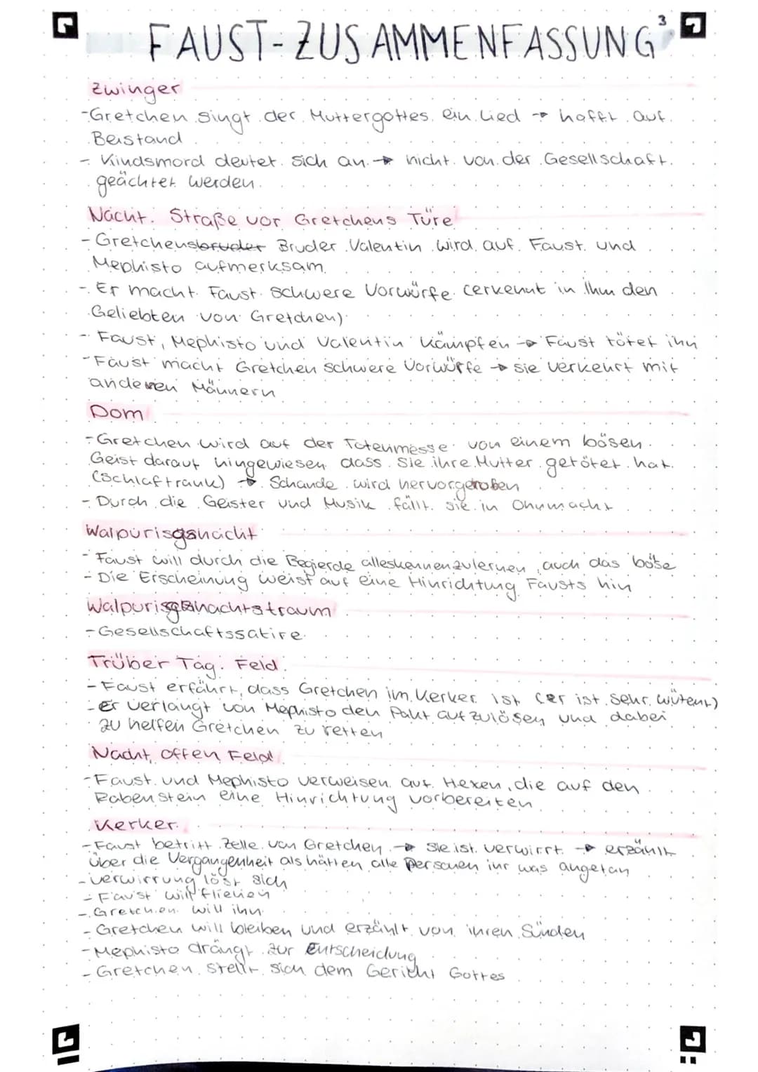 FAUST- ZUSAMMENFASSUNG
Zwinger
-Gretchen Singt der Muttergottes ein Lied → hafft. auf.
Beistand
3
- Kindsmord deutet. sich an. nicht von der