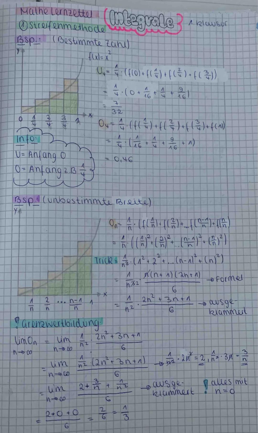 Mathe Lernzettel
Streifenmethode
0
Bsp.: (Bestimmte Zani)
2
f(x)=x²
A
U₂₁ = = = (f(0) + f ( ² ) + f ( ² ) + (( ² ) )
4. (0+16+4+261
9
7
32
X