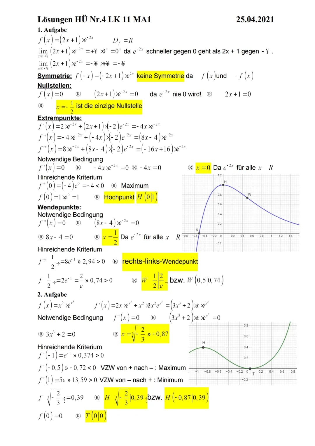 Leistungskurs Mathematik 11, MA1 ƒ (x) = (2x+1)x²²x
HÜ Nr.4
Name:
Punkte:
Note:
27.04.2021
MSS-P:
1. Aufgabe
Führe eine Kurvendiskussion mit