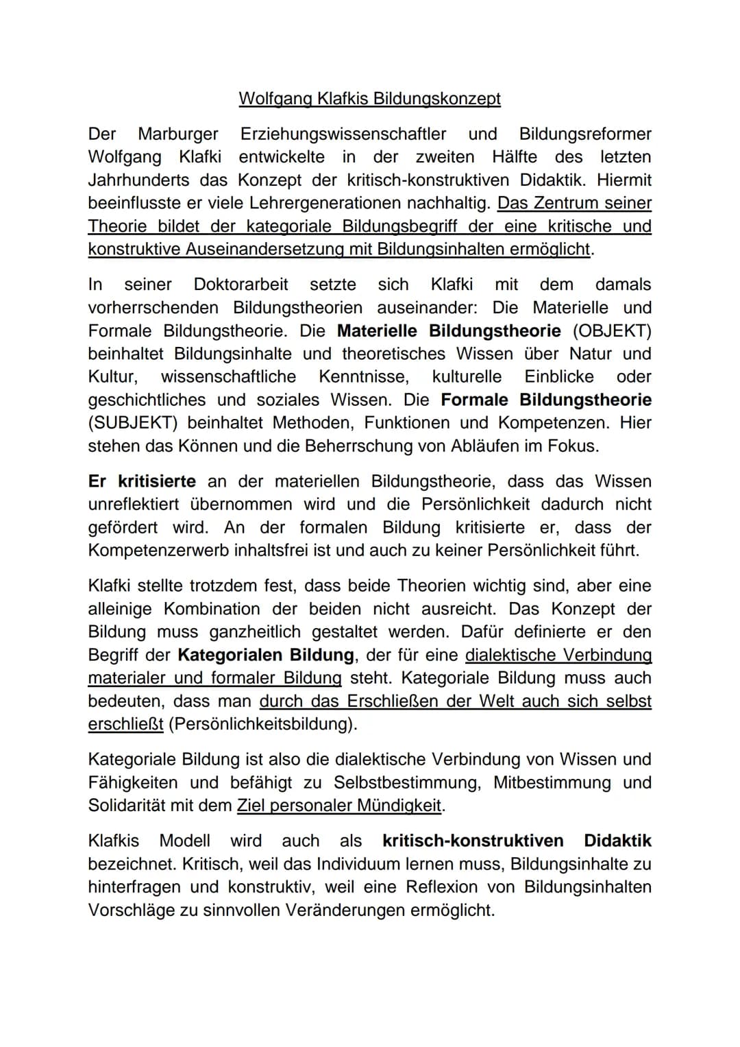 Wolfgang Klafkis Bildungskonzept
Der Marburger Erziehungswissenschaftler und Bildungsreformer
Wolfgang Klafki entwickelte in der zweiten Häl
