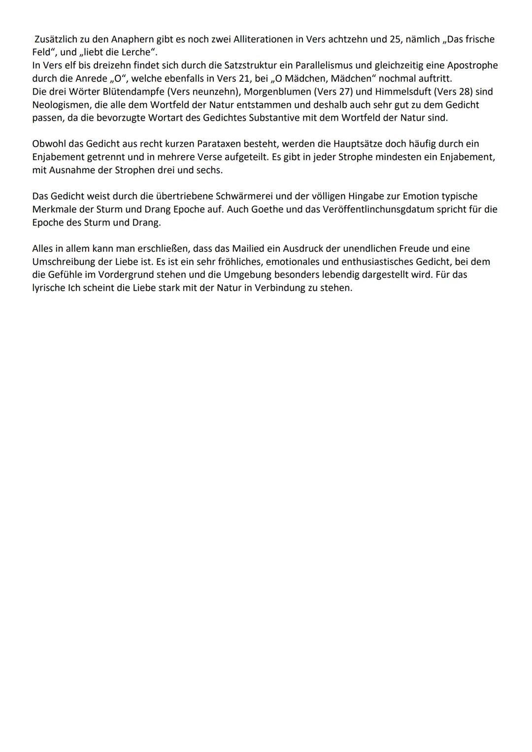 Gedichtanalyse „Mailied"

Das Gedicht,,Mailied" von Johann Wolfgang Goethe aus dem Jahr 1775 handelt von dem
Ineinandergreifen von Natur und