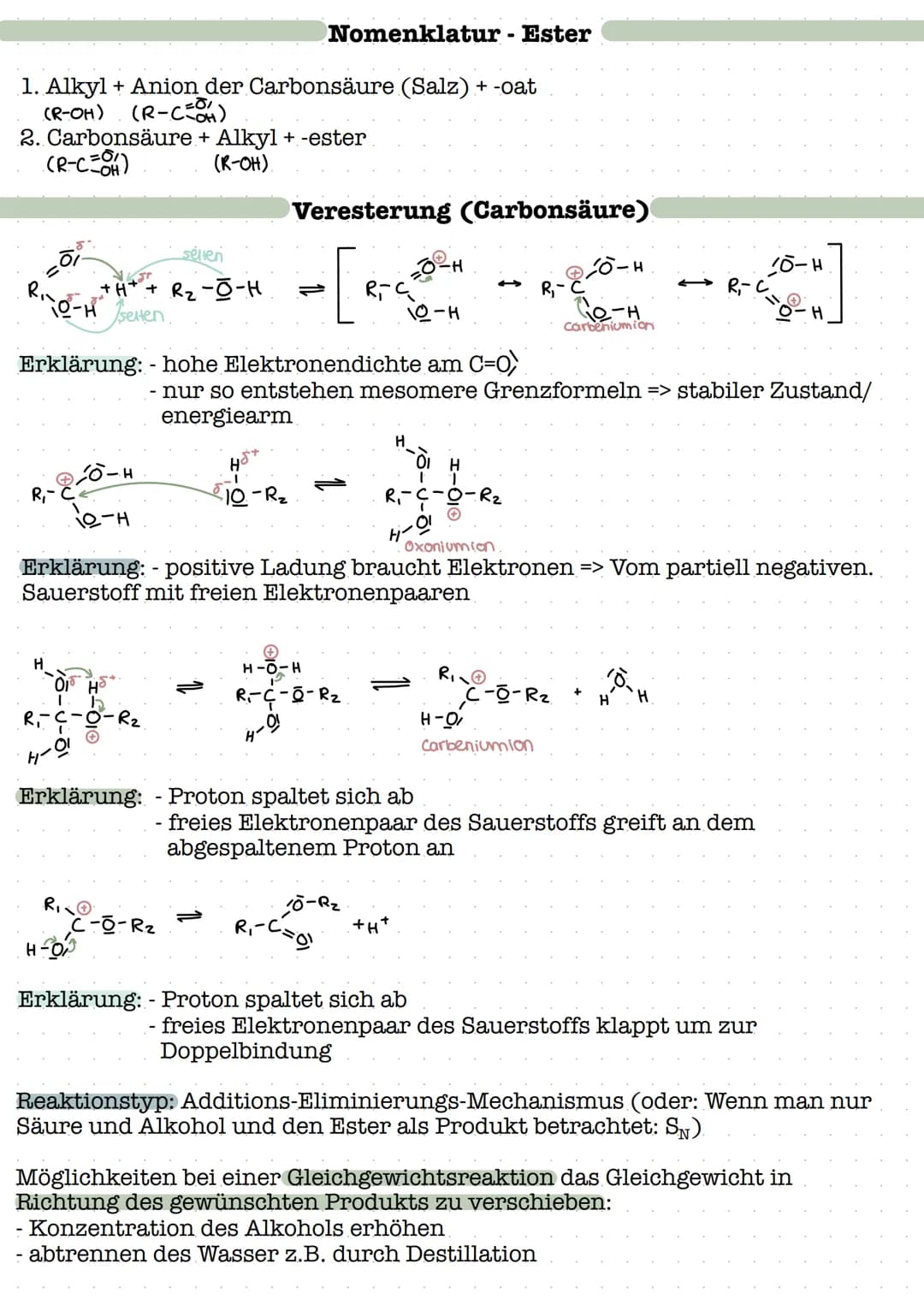 1. Alkyl + Anion der Carbonsäure (Salz) + -oat
(R-OH) (R-C=O)
2. Carbonsäure + Alkyl + -ester
(R-C=0)
R₁-O-H
H
H
sellen
+H* + R₂ -O-H
seiten
