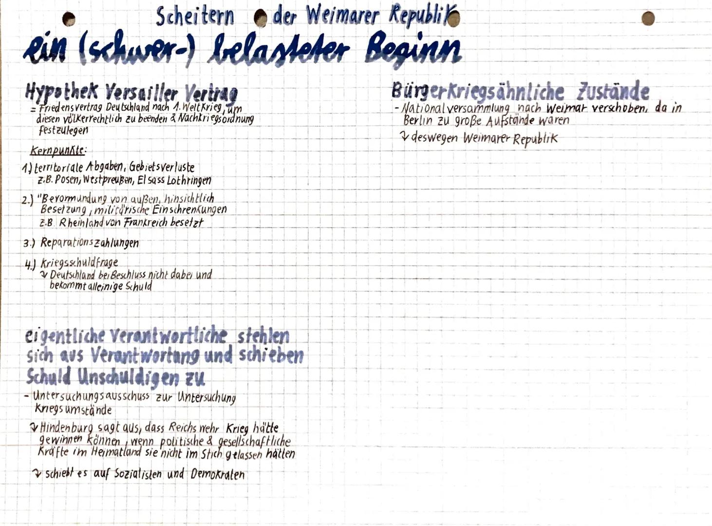 # Scheitern der Weimarer Republik

ein (schwer-) belasteter Beginn

## Hypothek Versailler Vertrag
= Friedensvertrag Deutschland nach 1. Wel