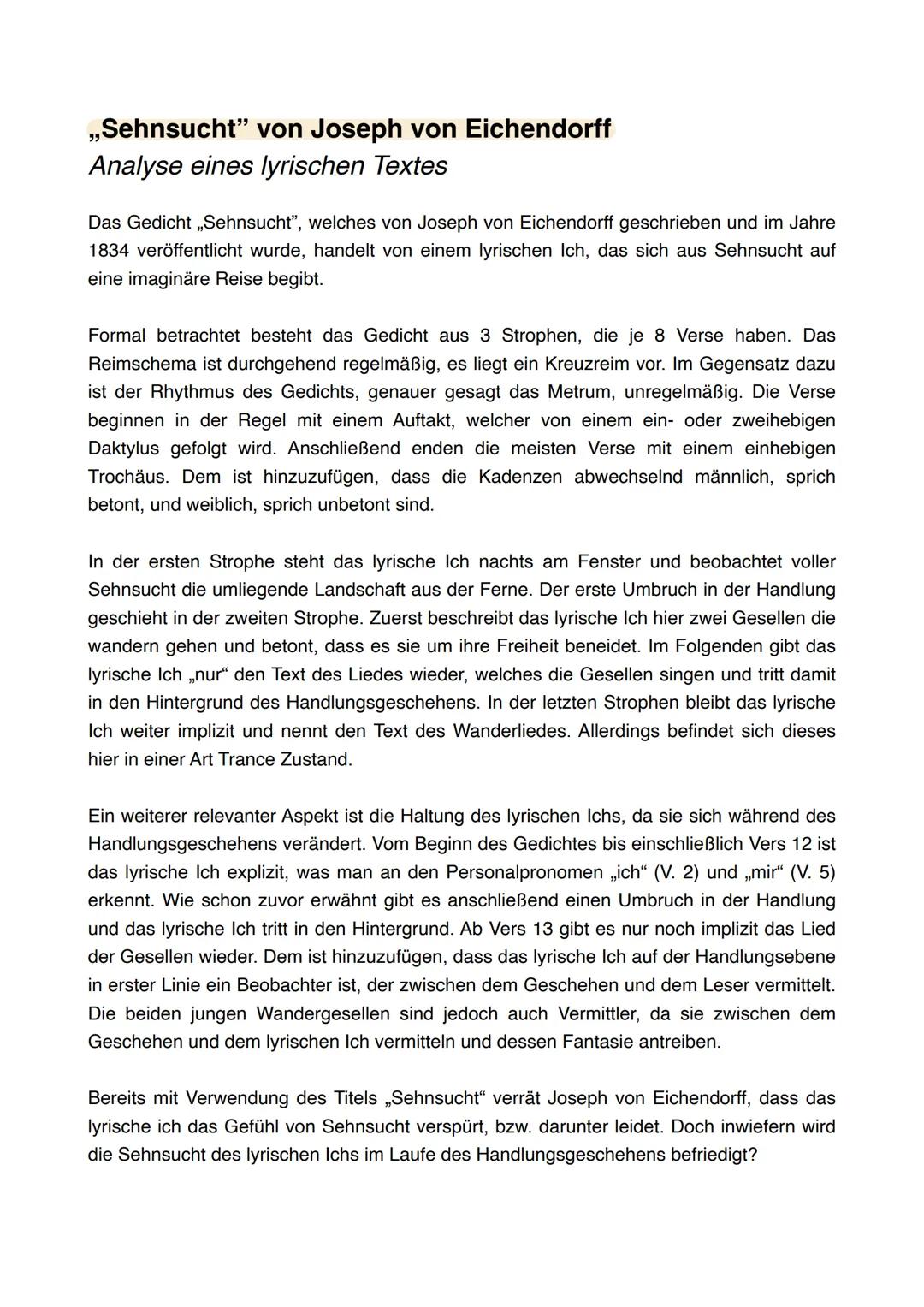 ,,Sehnsucht" von Joseph von Eichendorff
Analyse eines lyrischen Textes
Das Gedicht ,,Sehnsucht", welches von Joseph von Eichendorff geschrie