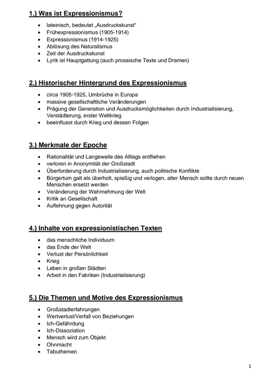 1.) Was ist Expressionismus?
●
●
● Zeit der Ausdruckskunst
Lyrik ist Hauptgattung (auch prosaische Texte und Dramen)
2.) Historischer Hinter