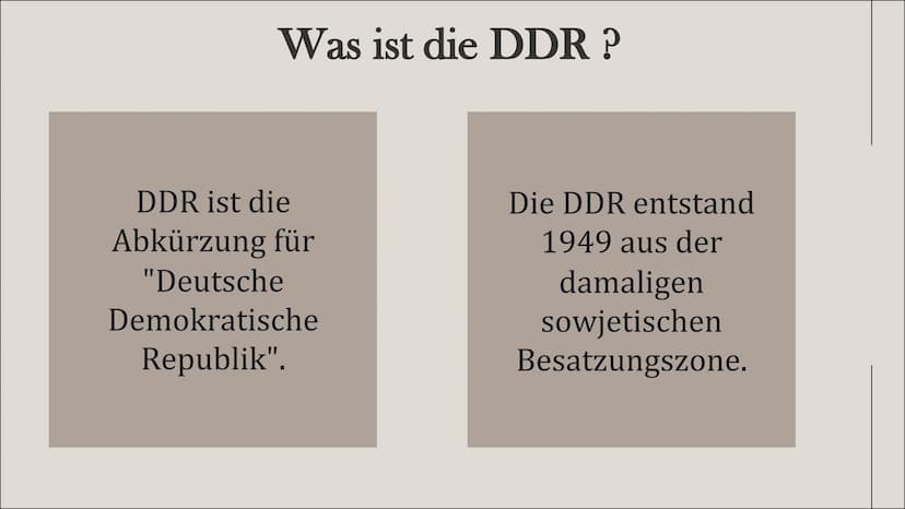 Leben, wohnen
und Konsum in
der DDR
Von Jana und Michelle Inhaltsverzeichnis
Grundwissen
Leben
Wohnen
Konsum Es lebe die
DEUTSCHE
DEMOKRATIS