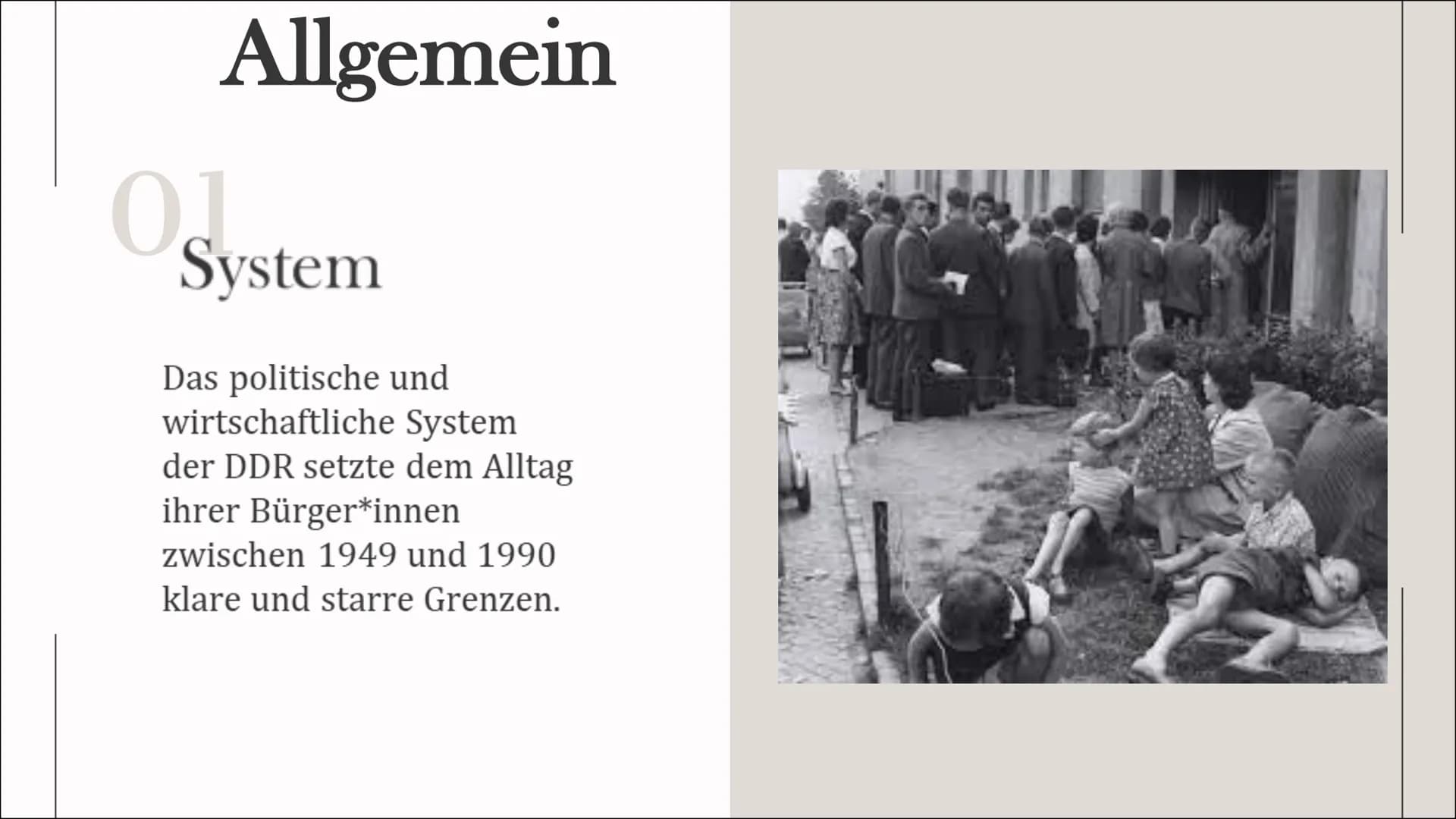 Leben, wohnen
und Konsum in
der DDR
Von Jana und Michelle Inhaltsverzeichnis
Grundwissen
Leben
Wohnen
Konsum Es lebe die
DEUTSCHE
DEMOKRATIS
