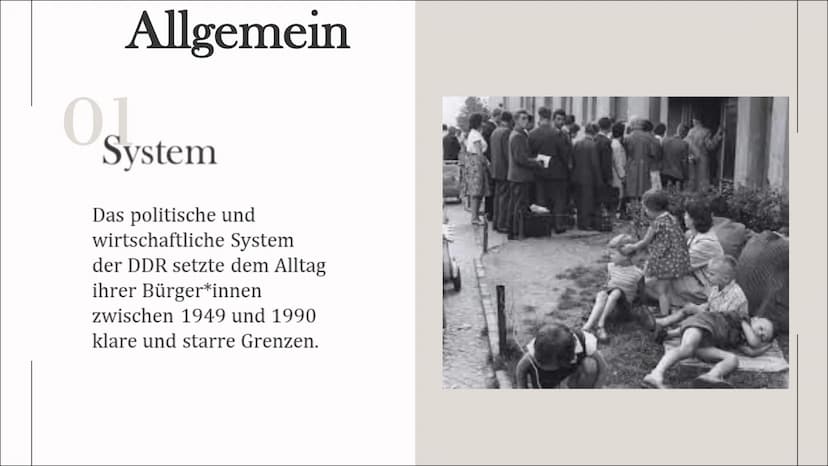 Leben, wohnen
und Konsum in
der DDR
Von Jana und Michelle Inhaltsverzeichnis
Grundwissen
Leben
Wohnen
Konsum Es lebe die
DEUTSCHE
DEMOKRATIS