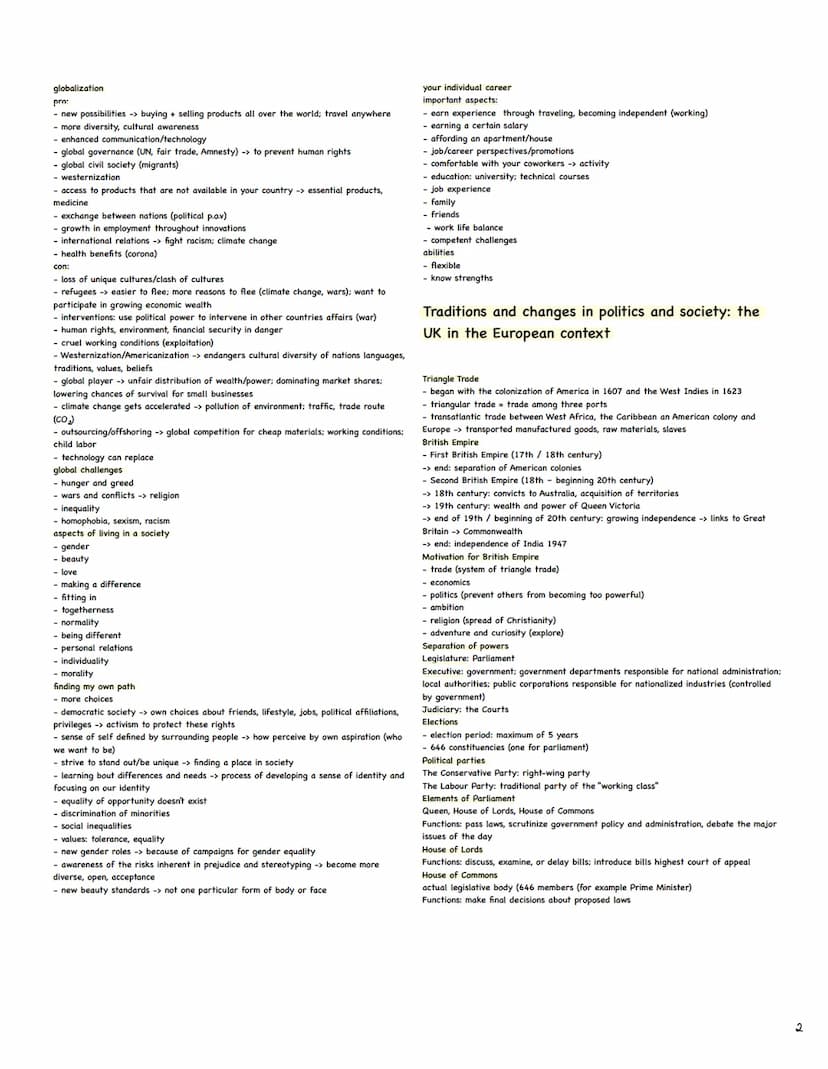 Englisch Abitur Zusammenfassung
1. Studying and working in a globalized world (1-2)
2. Traditions and changes in politics and society: the U