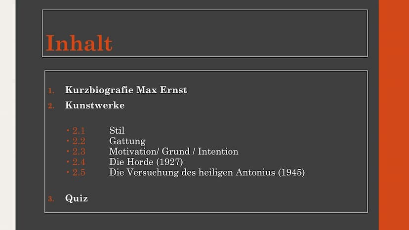 Max Ernst
und
seine Kunst
Von Amelie und Liv
Q2 Kunst GK - Frau Lainck Inhalt
1. Kurzbiografie Max Ernst
2. Kunstwerke
3.
2.1
• 2.2
●
• 2.3
