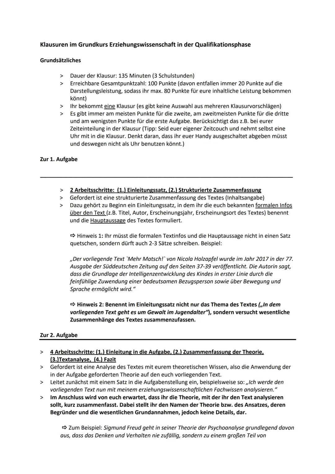 Klausuren im Grundkurs Erziehungswissenschaft in der Qualifikationsphase
Grundsätzliches
>
>
>
>
Zur 1. Aufgabe
>
>
Dauer der Klausur: 135 M