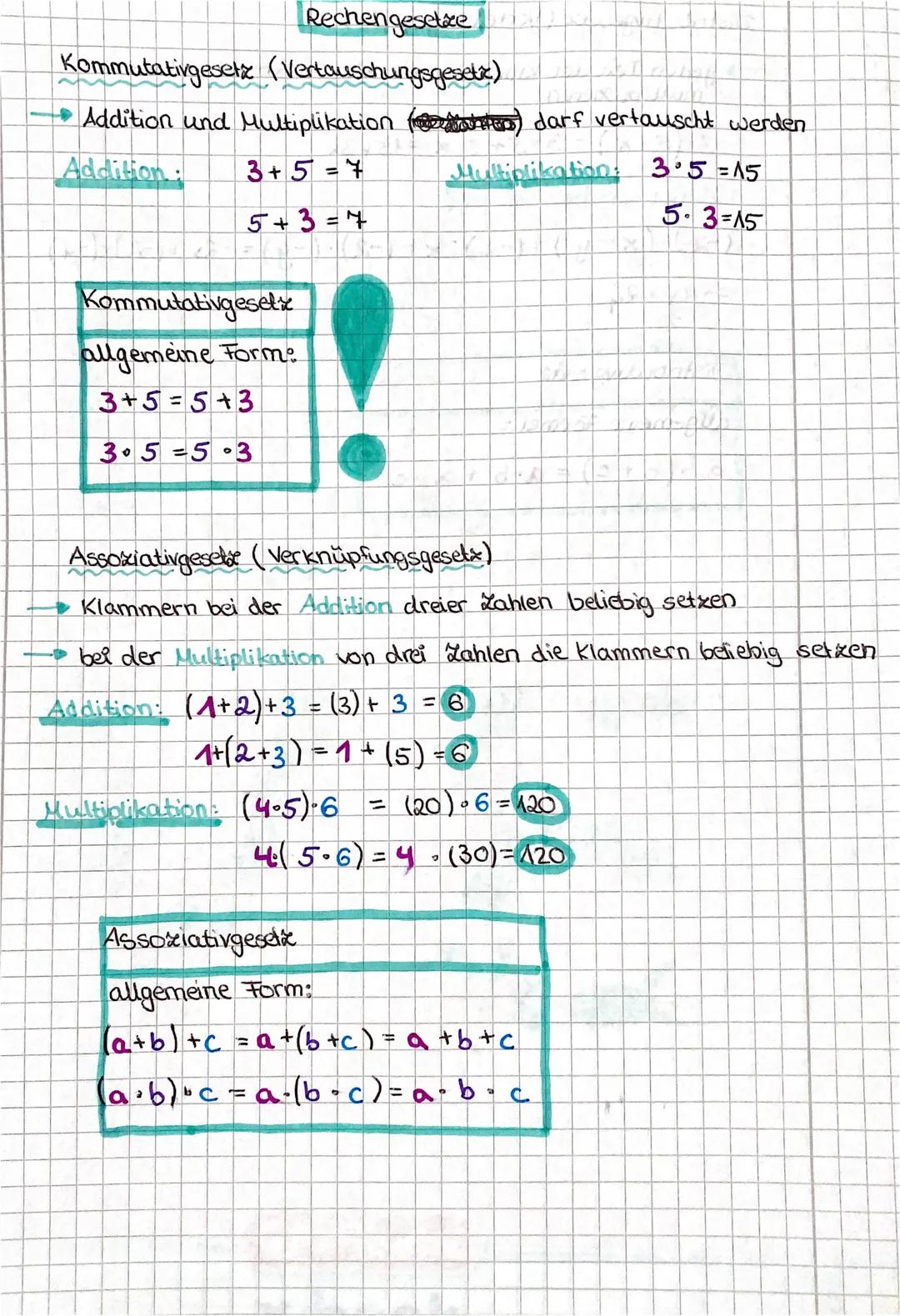 Rechengesetze

Kommutativgesetz (Vertauschungsgesetz)

- Addition und Multiplikation (Zahlen) darf vertauscht werden

Addition:
3+5=7
5+3=7
