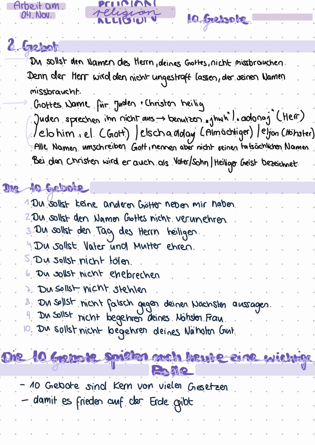 Arbeit am.
04. Nov.
PRUCION
religion
ALLIGINI
2. Gebot
Du sollst den Namen des Herrn, deines Gottes, nicht missbrauchen.
Denn der Herr wird 
