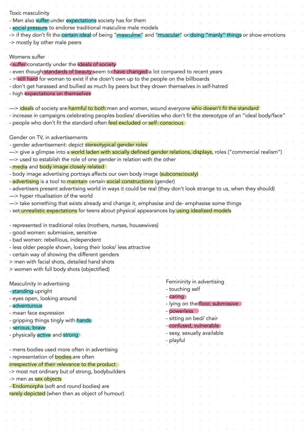 Gender issues
- gender isn't only determined by the sex you were born with -> gender is a social construct being held up by society
and its 